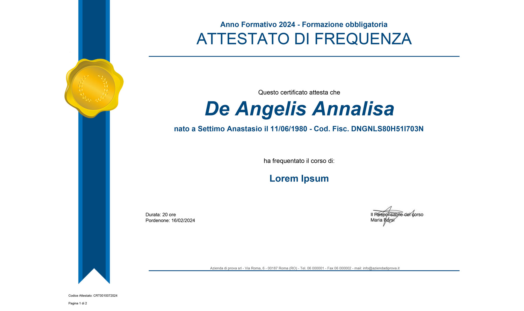 EvoTraining schermata attestato