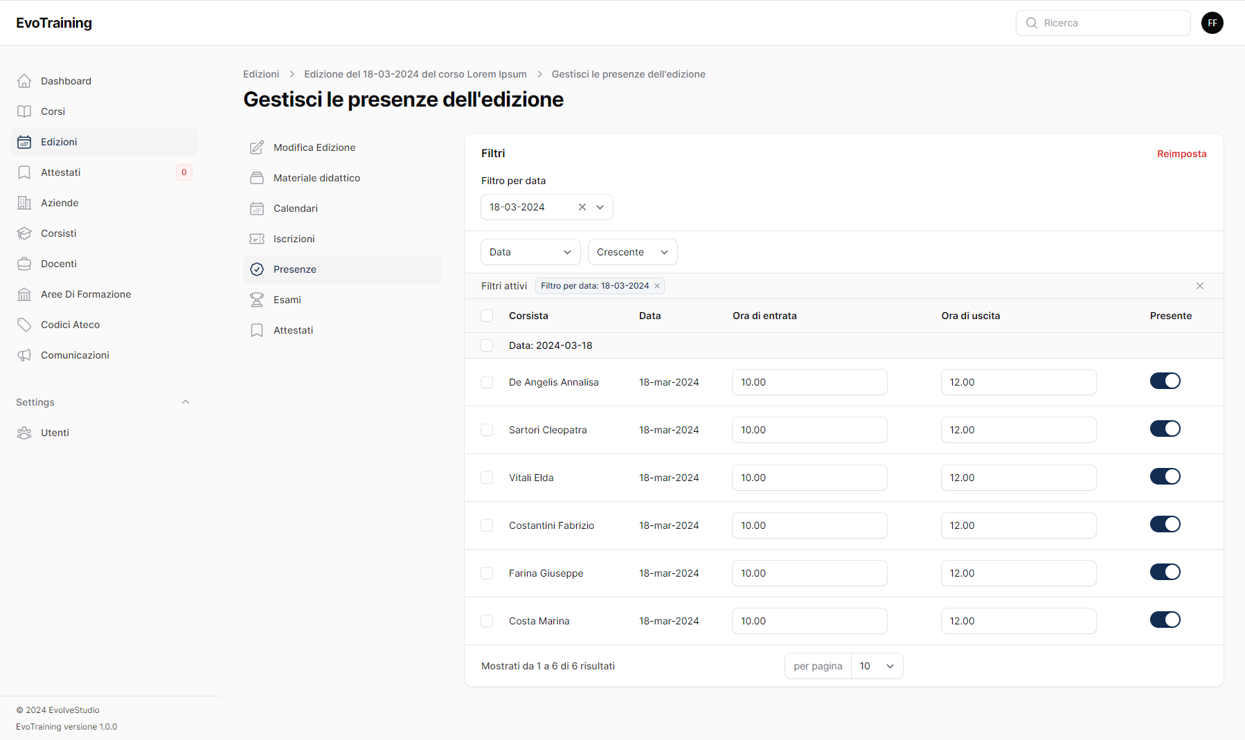 EvoTraining schermata gestione
